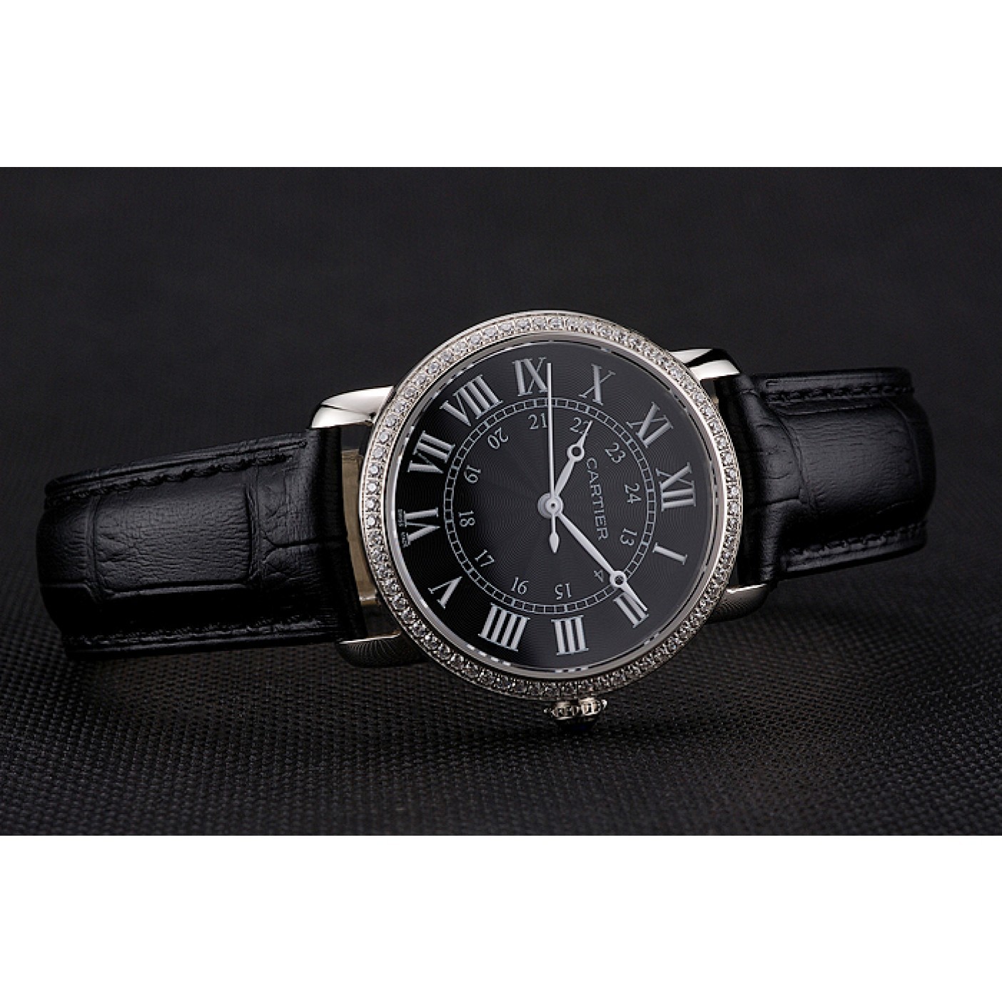 Rep Cartier Ronde Black Dial Diamond Bezel Stainless Steel Case Black Leather Strap