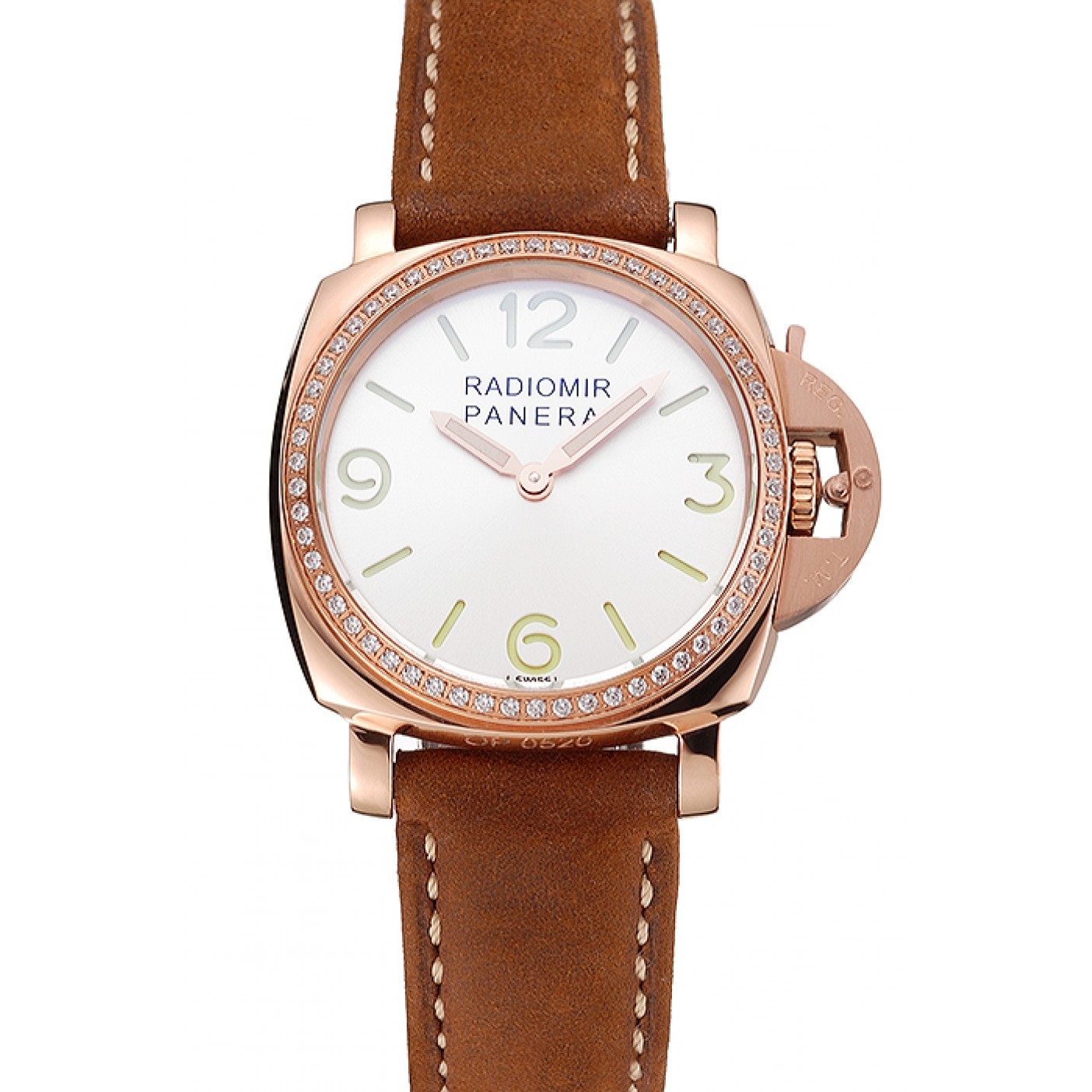 Panerai Radiomir White Dial Diamond Bezel Rose Gold Case Brown Suede Leather Strap 1453799