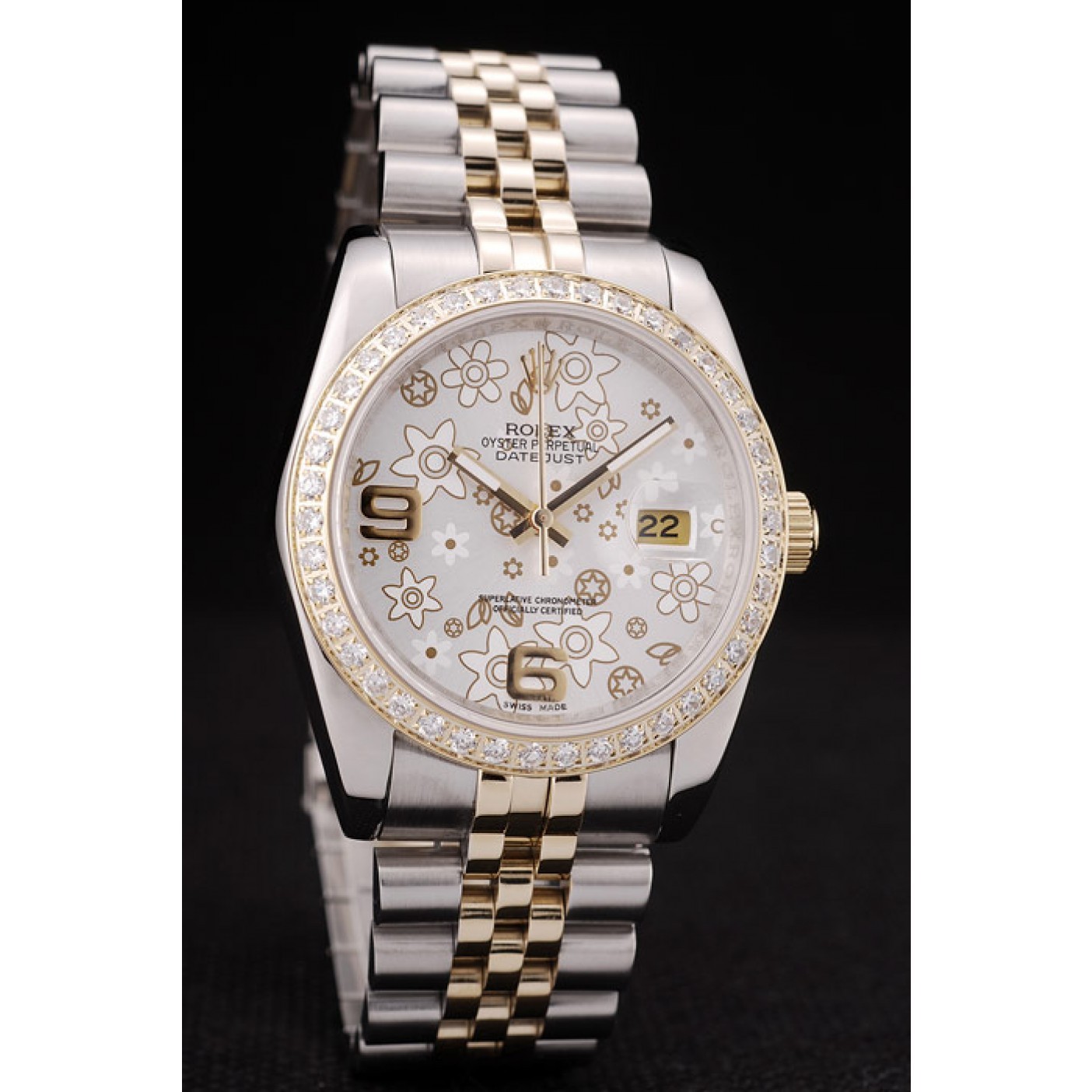 RepTime Watches Rolex DateJust Brushed Stainless Steel Case Silver Flowers Dial Diamonds Plated