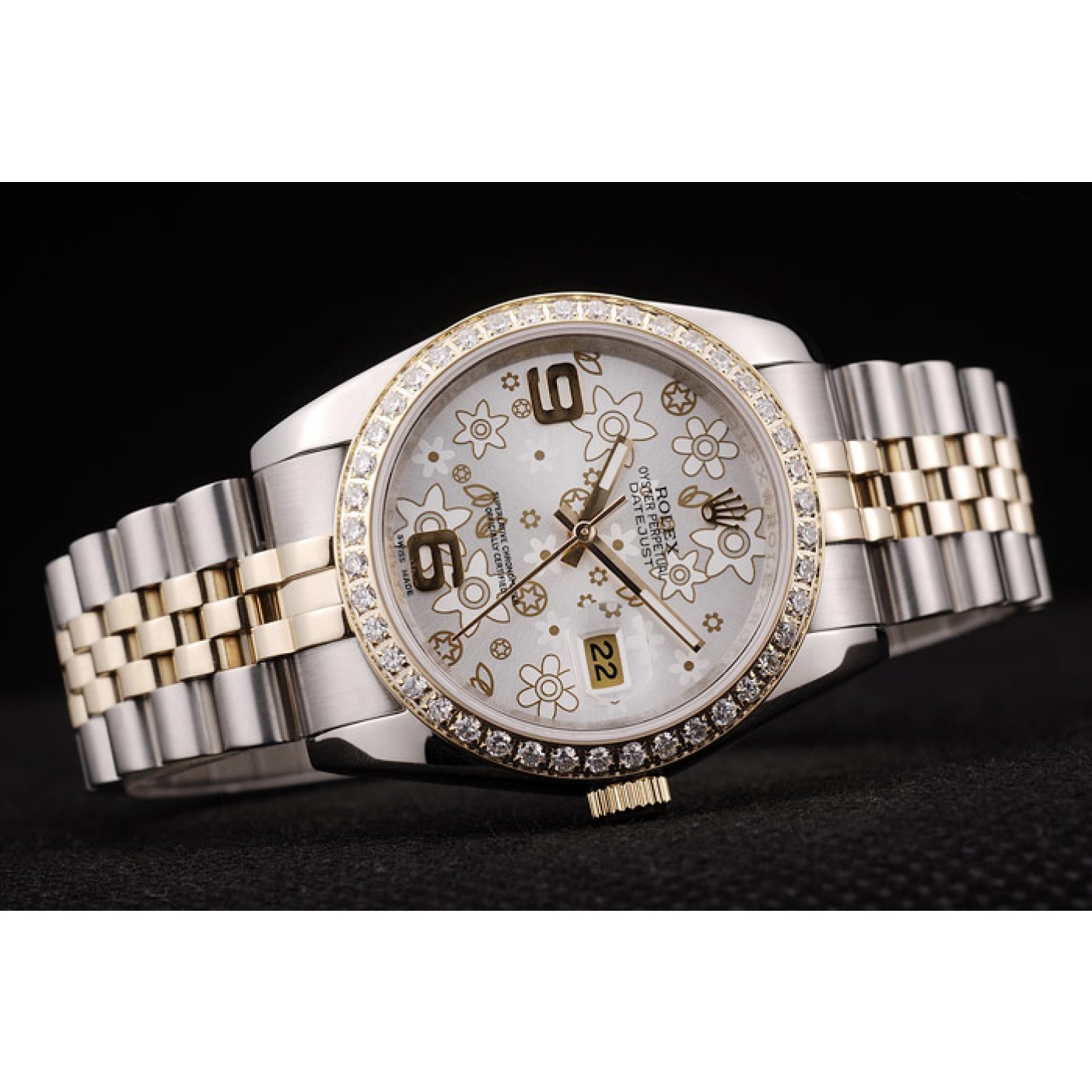 RepTime Watches Rolex DateJust Brushed Stainless Steel Case Silver Flowers Dial Diamonds Plated