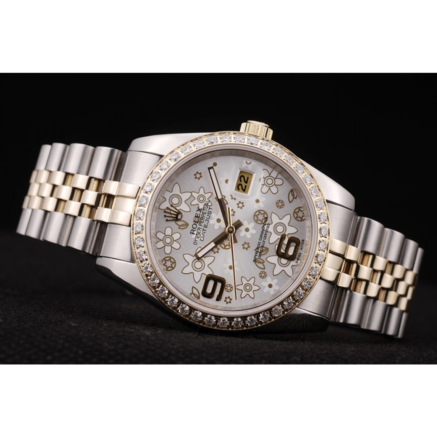 RepTime Watches Rolex DateJust Brushed Stainless Steel Case Silver Flowers Dial Diamonds Plated