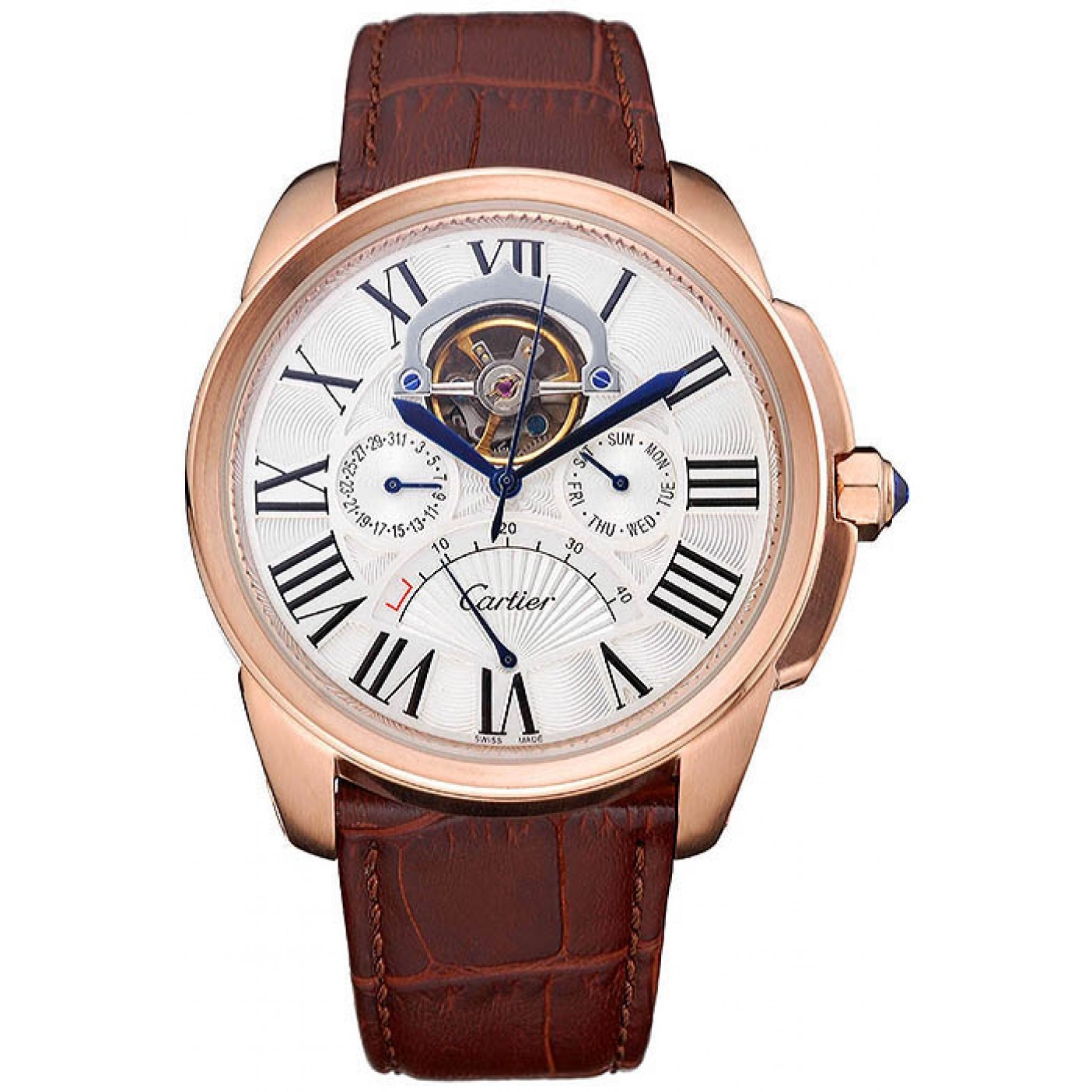 Cartier Calibre Tourbillon White Dial Gold Case Brown Leather Strap 622753