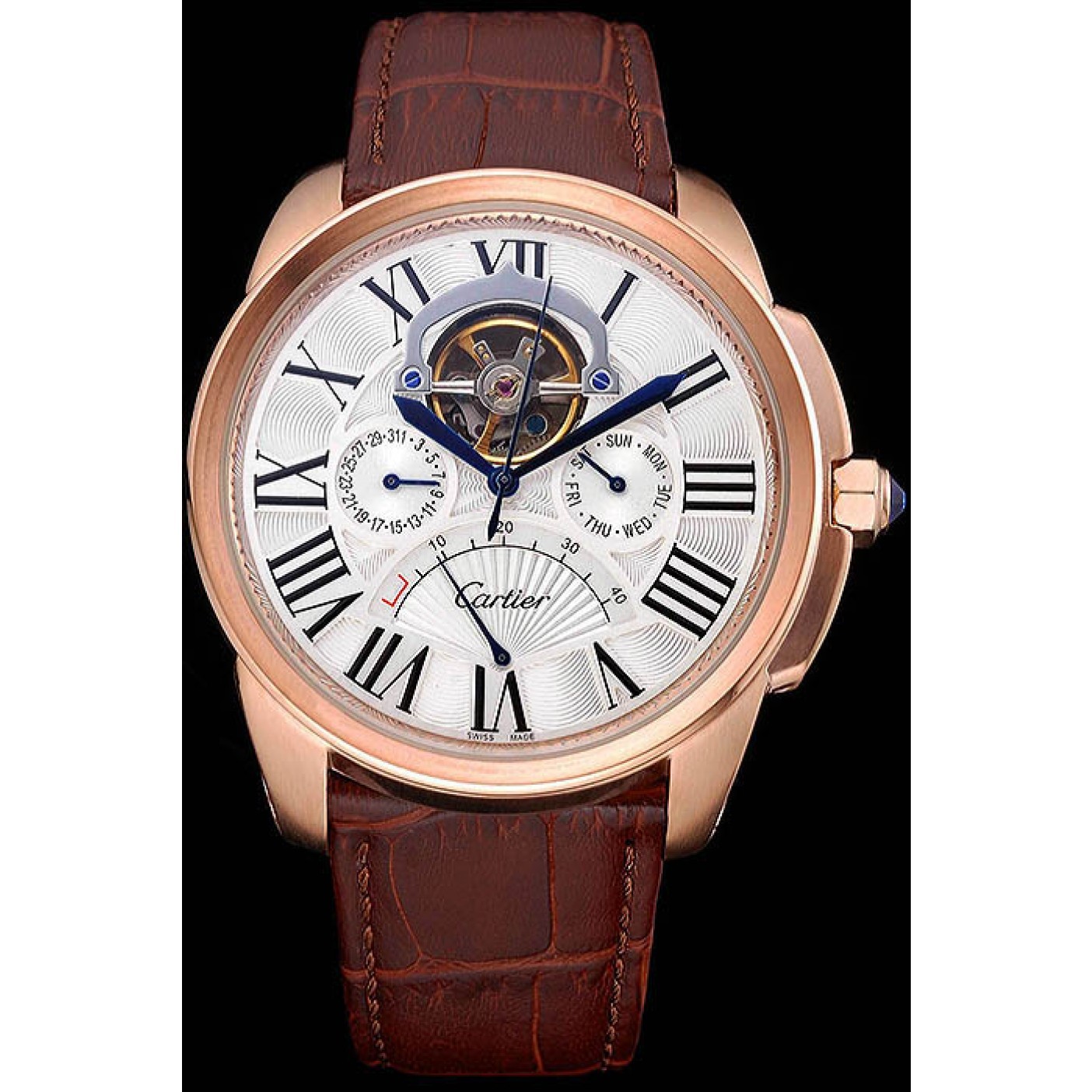 Rep Cartier Calibre Tourbillon White Dial Gold Case Brown Leather Strap 622753