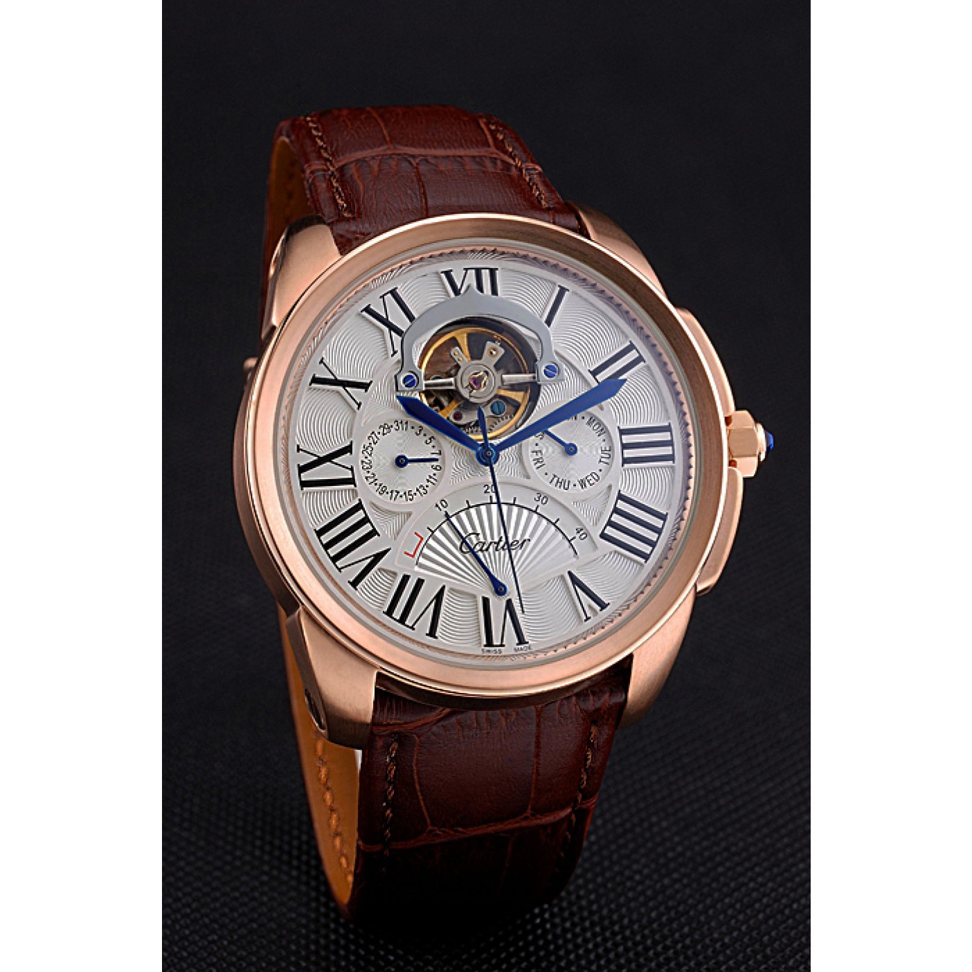 Rep Cartier Calibre Tourbillon White Dial Gold Case Brown Leather Strap 622753