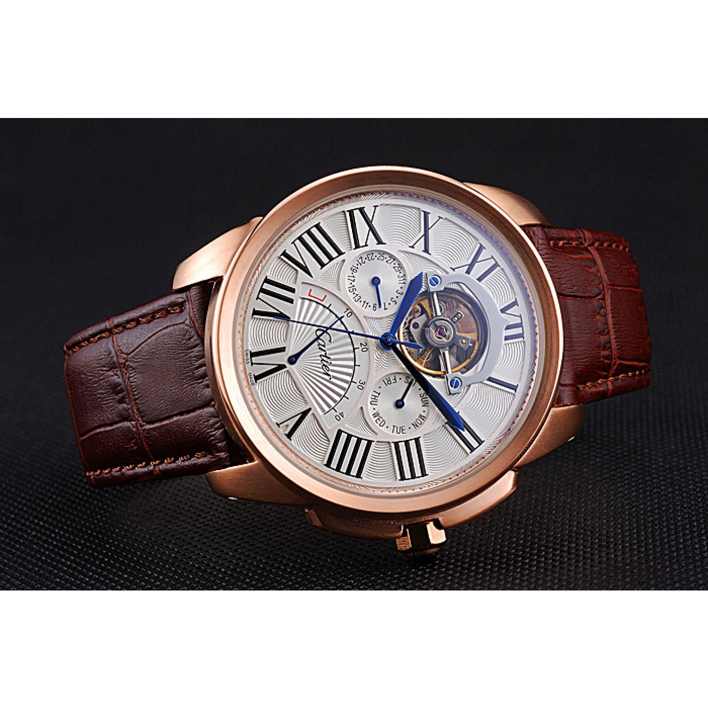 Rep Cartier Calibre Tourbillon White Dial Gold Case Brown Leather Strap 622753