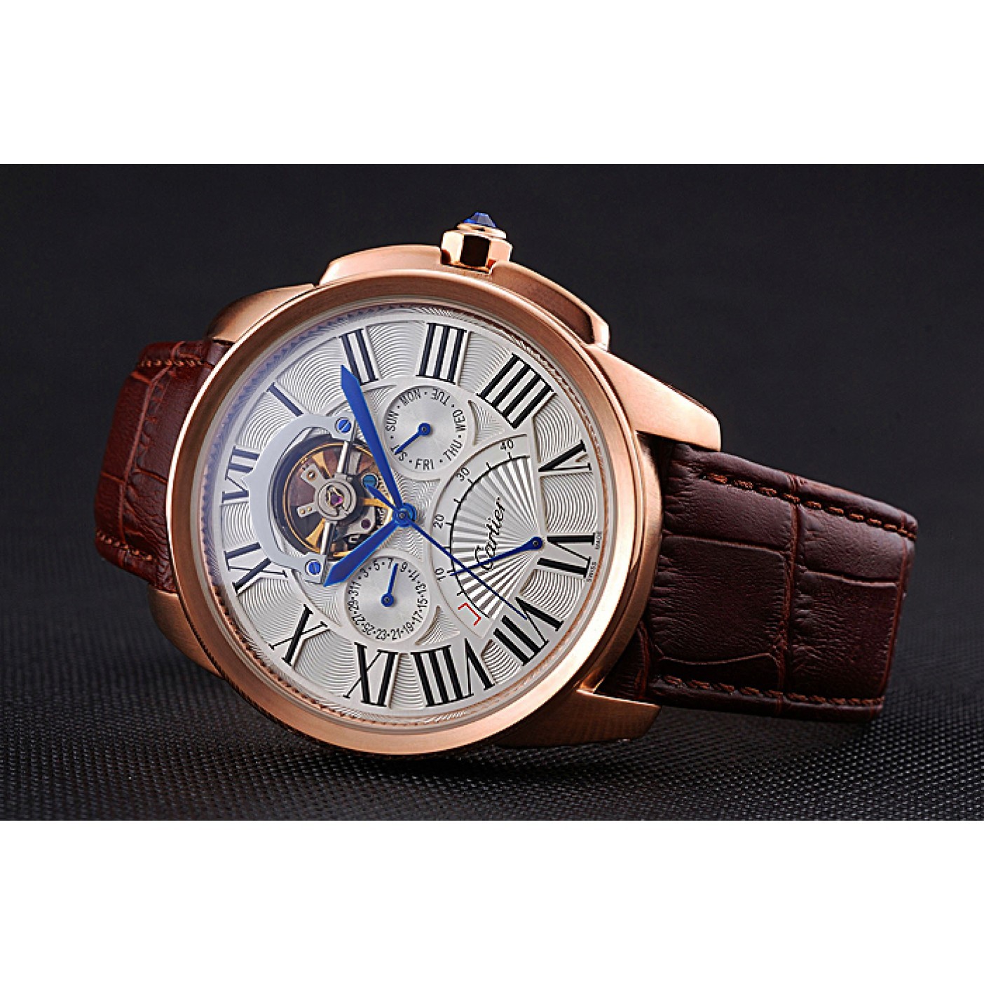 Rep Cartier Calibre Tourbillon White Dial Gold Case Brown Leather Strap 622753