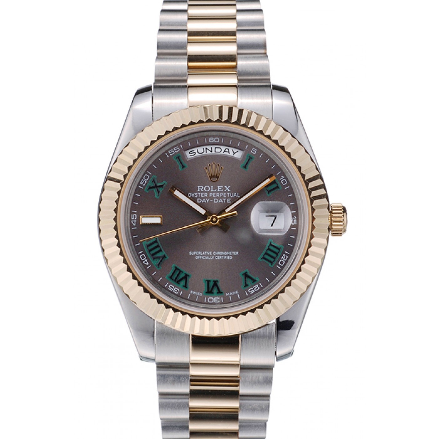 Rolex Swiss DayDate Gold Stainless Steel Ribbed Bezel Grey Dial 41909