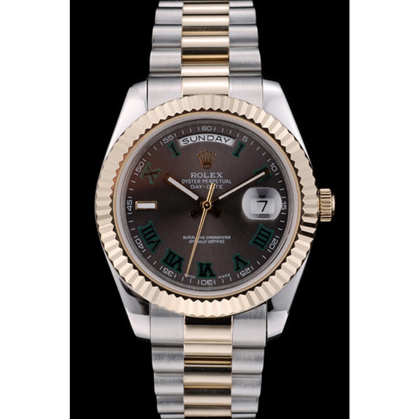 Rolex Swiss DayDate Gold Stainless Steel Ribbed Bezel Grey Dial 41909