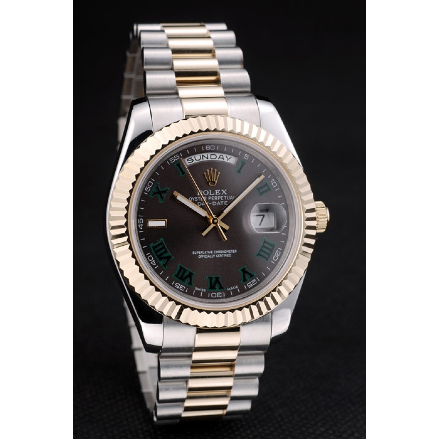 RepTime Watches Rolex Swiss DayDate Gold Stainless Steel Ribbed Bezel Grey Dial 41909