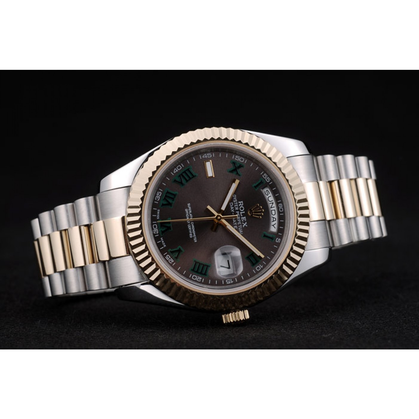 RepTime Watches Rolex Swiss DayDate Gold Stainless Steel Ribbed Bezel Grey Dial 41909