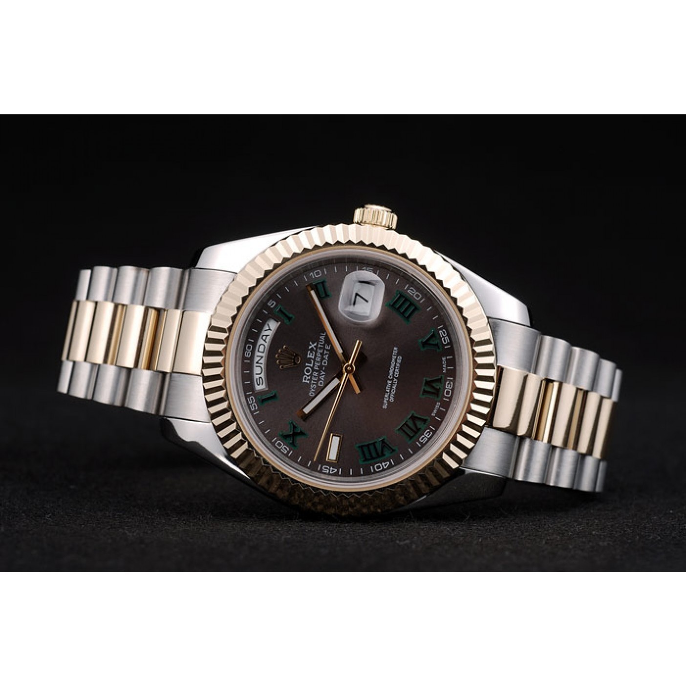 RepTime Watches Rolex Swiss DayDate Gold Stainless Steel Ribbed Bezel Grey Dial 41909