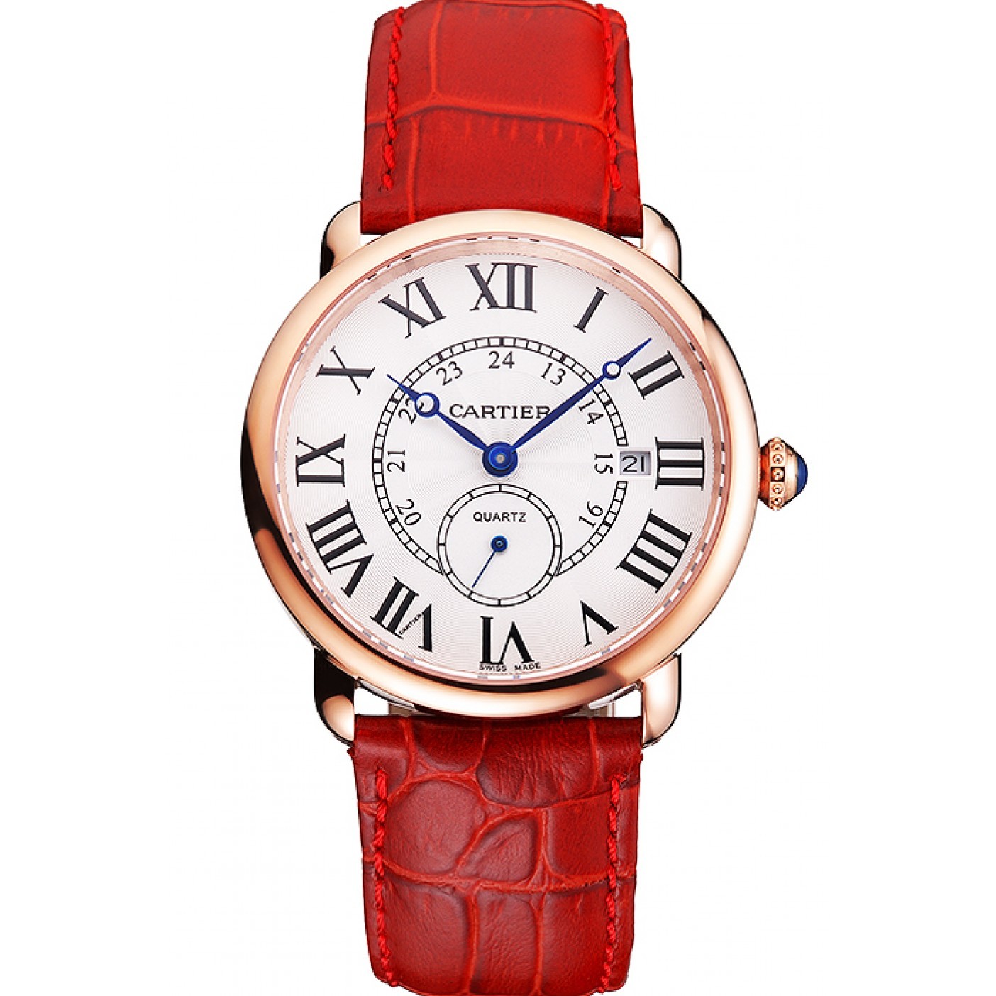 Cartier Ronde Louis Cartier White Dial Gold Case Red Leather Strap