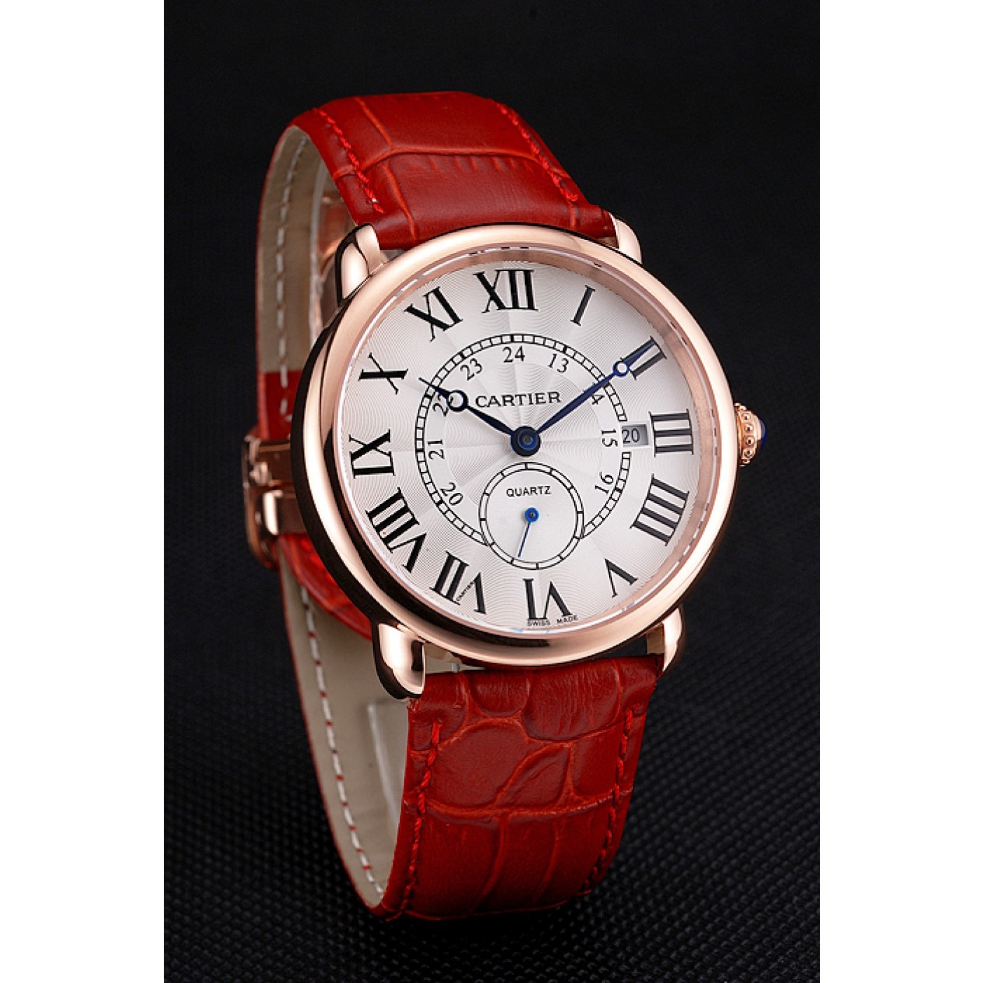 Rep Cartier Ronde Louis Cartier White Dial Gold Case Red Leather Strap