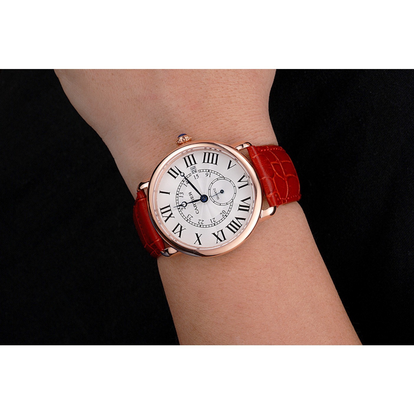 Rep Cartier Ronde Louis Cartier White Dial Gold Case Red Leather Strap