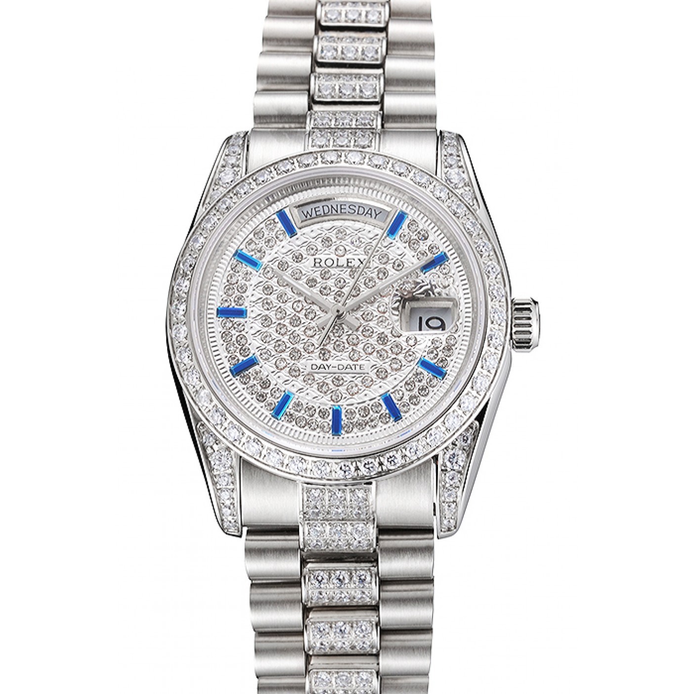 Swiss Rolex Day Date Diamond Pave Dial And Bezel And Stainless Steel Bracelet