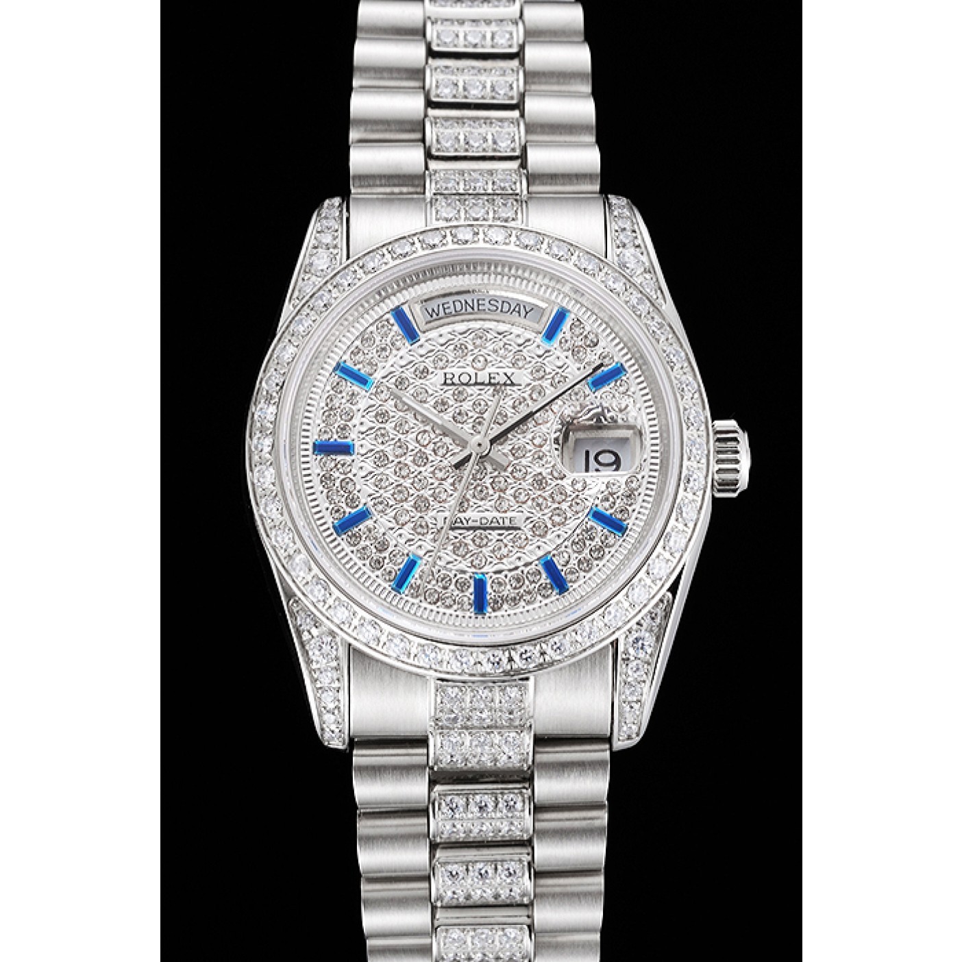 Swiss Rolex Day Date Diamond Pave Dial And Bezel And Stainless Steel Bracelet