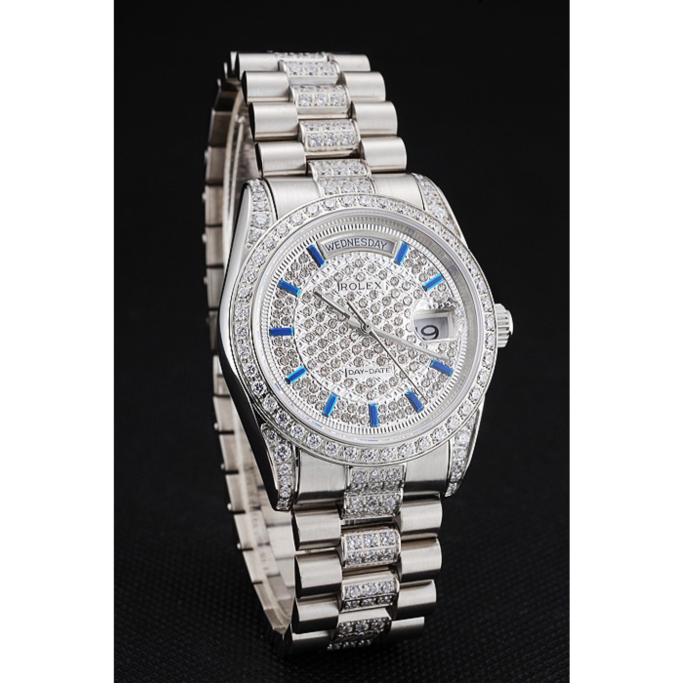 Swiss Rolex Day Date Diamond Pave Dial And Bezel And Stainless Steel Bracelet