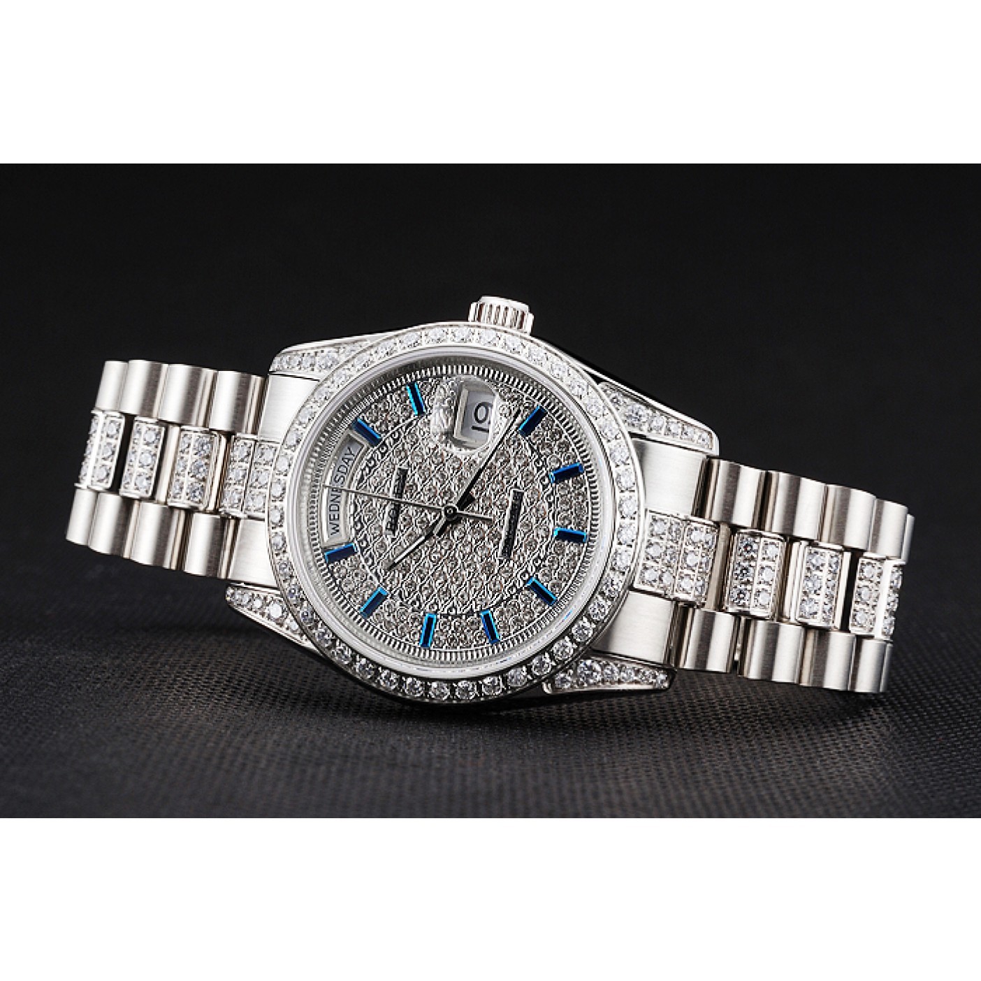 Swiss Rolex Day Date Diamond Pave Dial And Bezel And Stainless Steel Bracelet