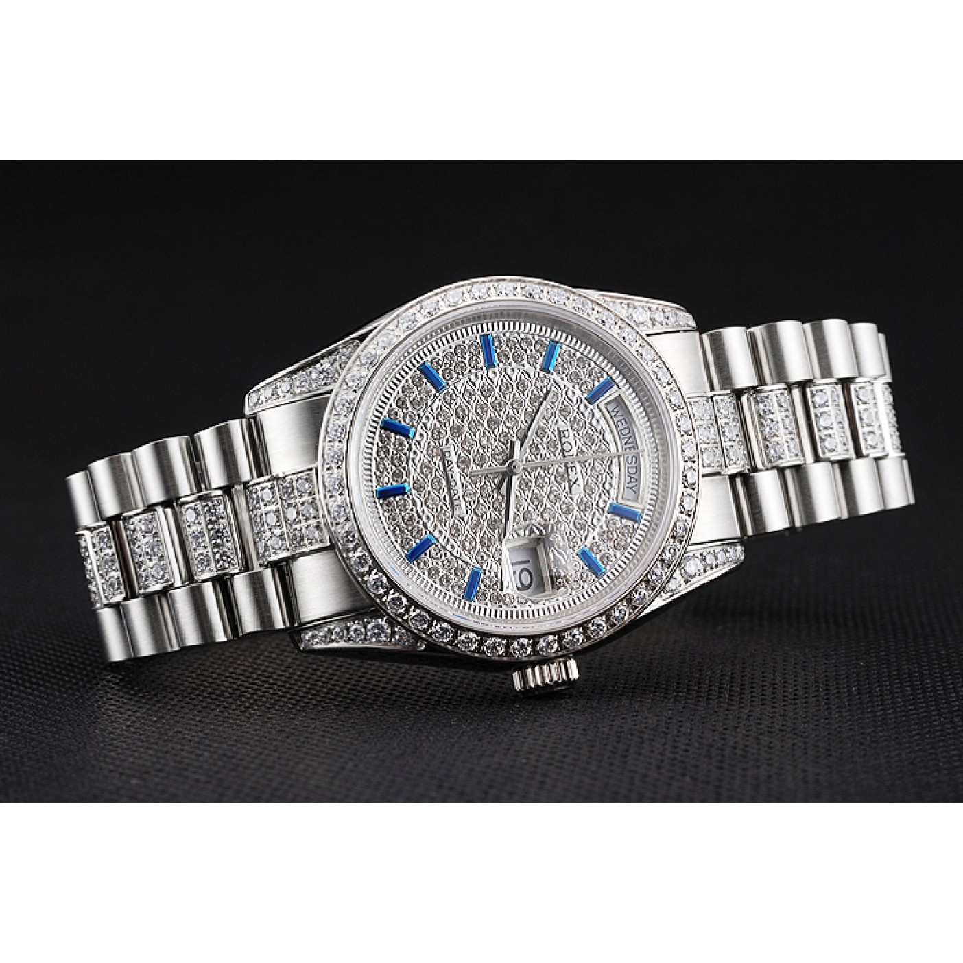 RepTime Watches Swiss Rolex Day Date Diamond Pave Dial And Bezel And Stainless Steel Bracelet