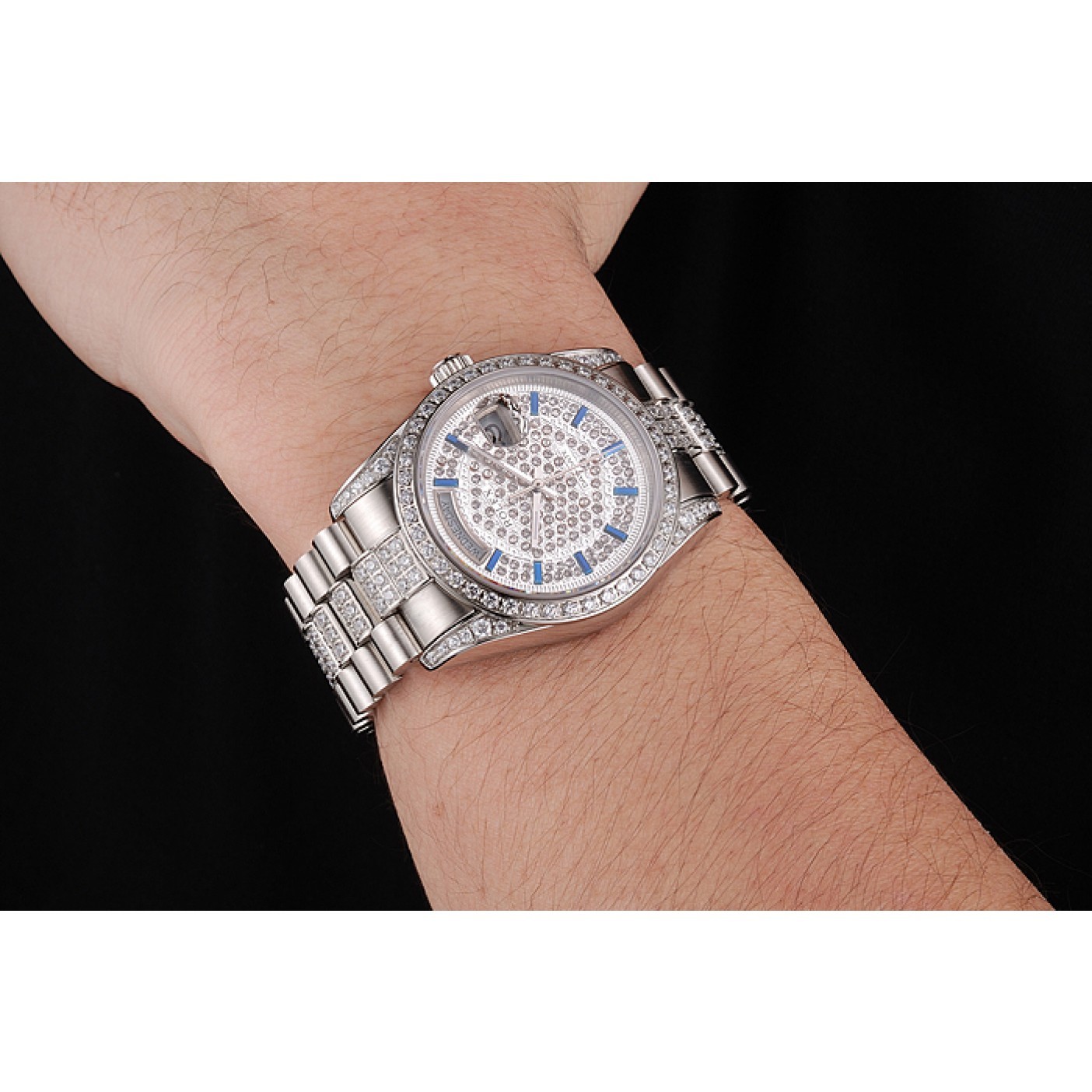 Swiss Rolex Day Date Diamond Pave Dial And Bezel And Stainless Steel Bracelet