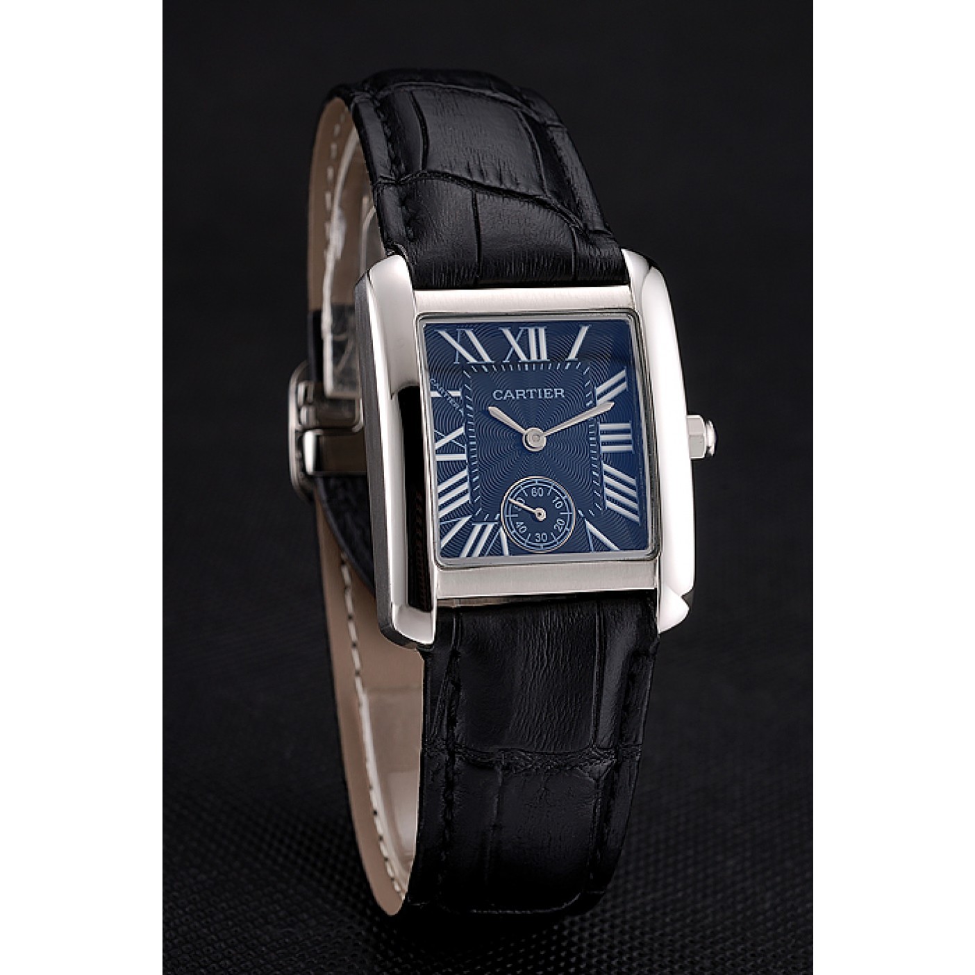 Fake Cartier Tank MC Stainless Steel Case Black Dial Black Leather Strap 622174