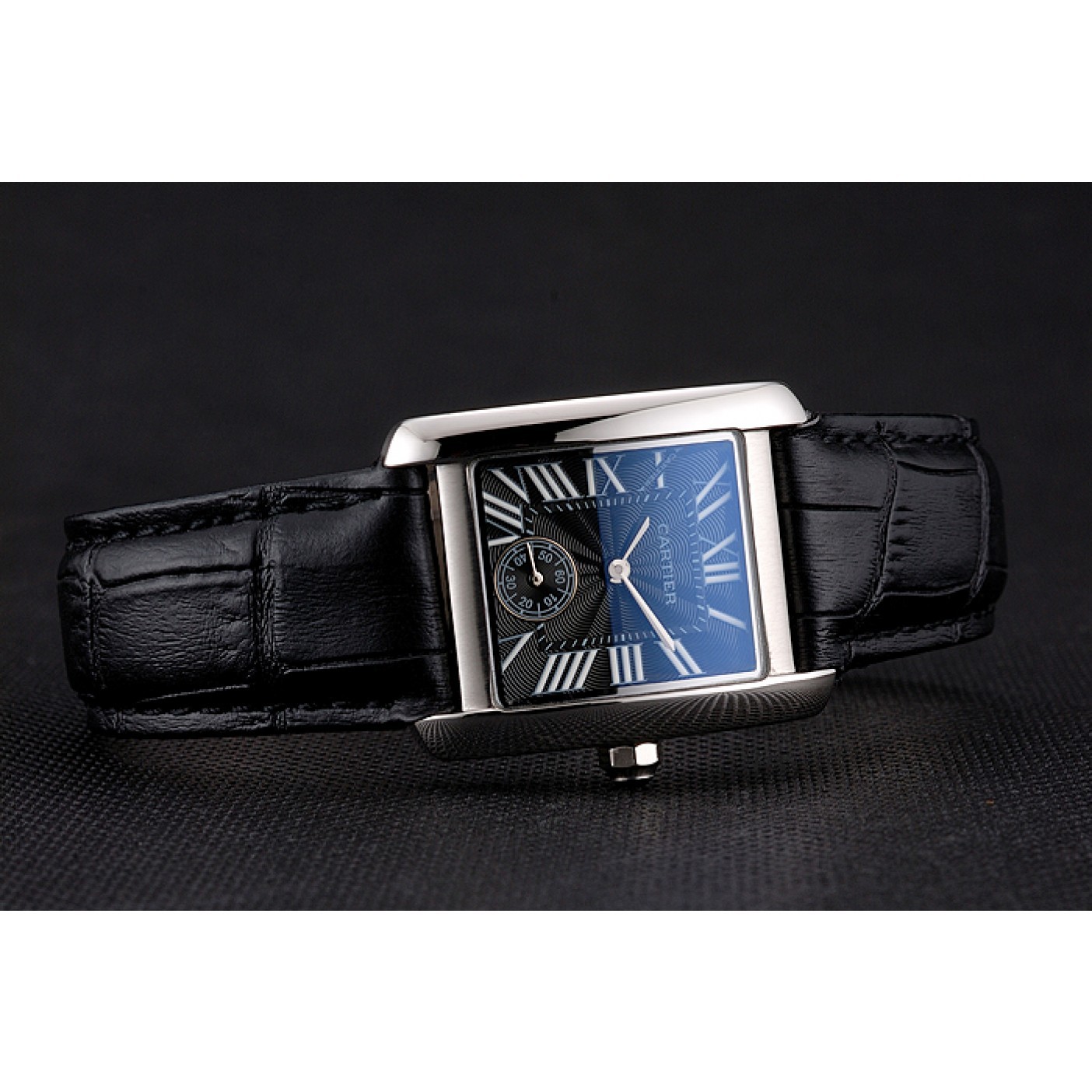 Fake Cartier Tank MC Stainless Steel Case Black Dial Black Leather Strap 622174