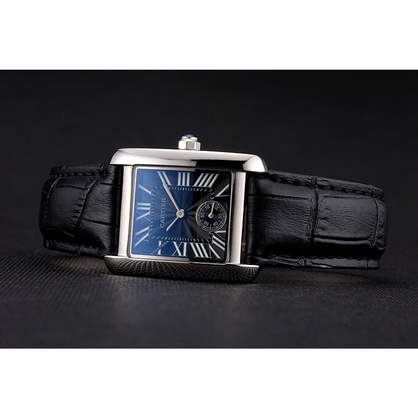 Fake Cartier Tank MC Stainless Steel Case Black Dial Black Leather Strap 622174