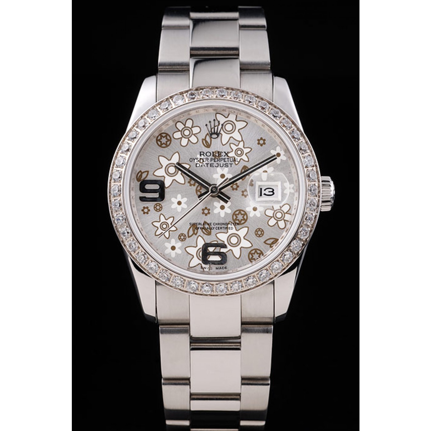 RepTime Watches Rolex Datejust Stainless Steel Silver Flowers Dial Diamond Plated rl305