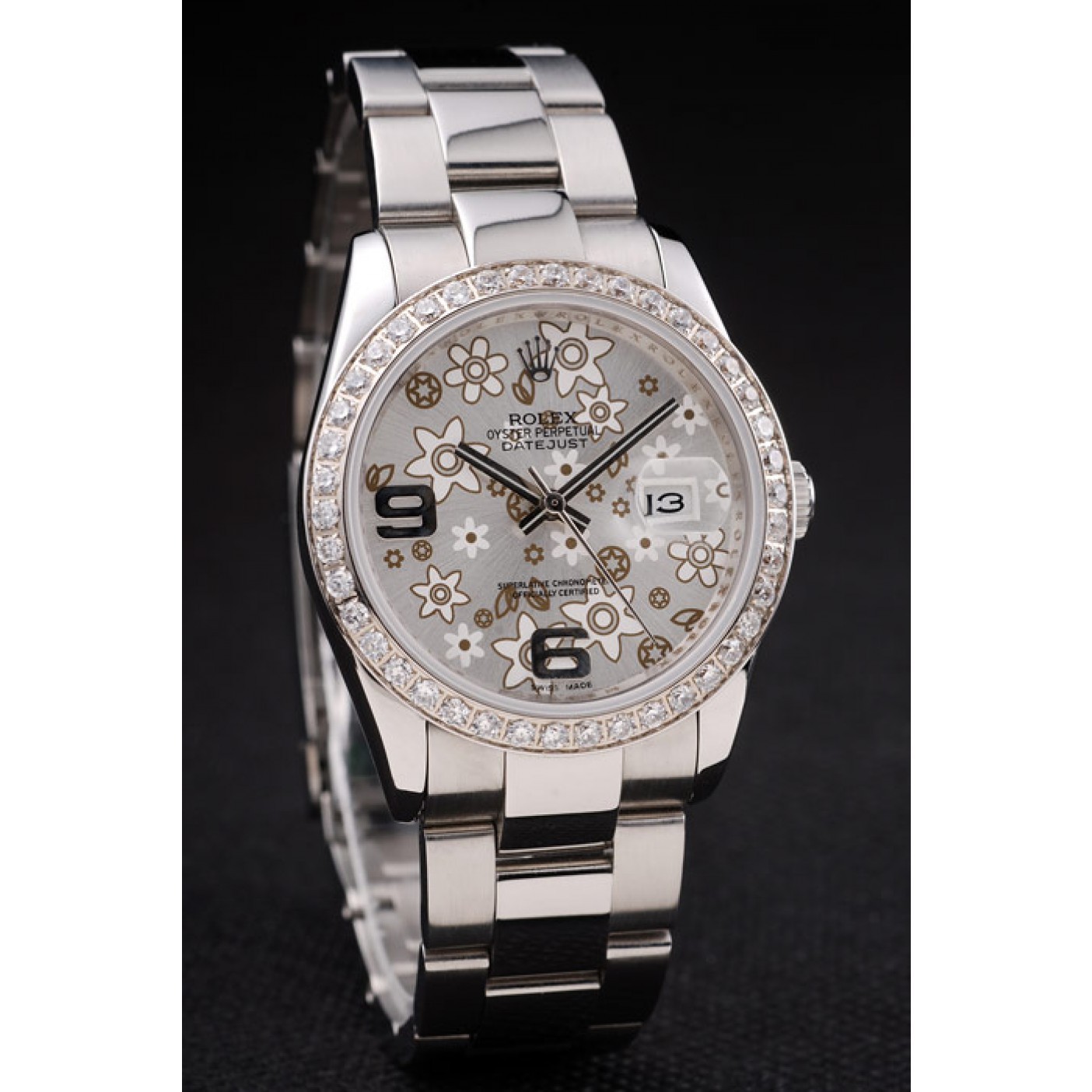 RepTime Watches Rolex Datejust Stainless Steel Silver Flowers Dial Diamond Plated rl305