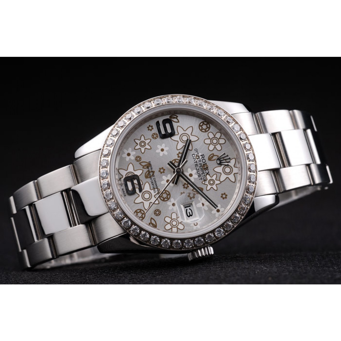 RepTime Watches Rolex Datejust Stainless Steel Silver Flowers Dial Diamond Plated rl305