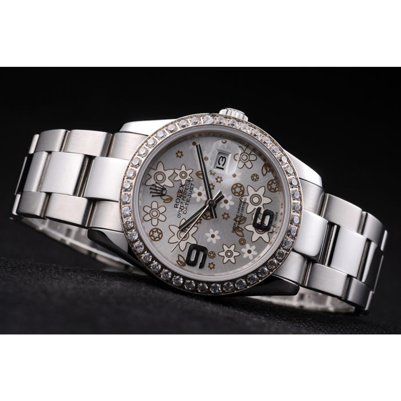 RepTime Watches Rolex Datejust Stainless Steel Silver Flowers Dial Diamond Plated rl305