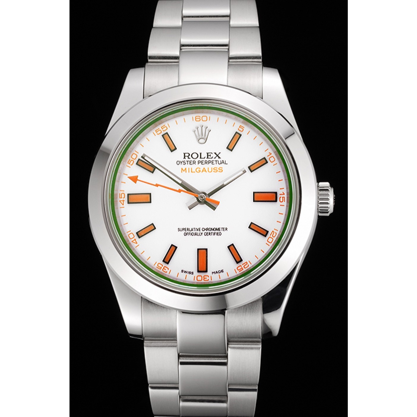 Swiss Rolex Milgauss White Dial Orange Markings Stainless Steel Case And Bracelet