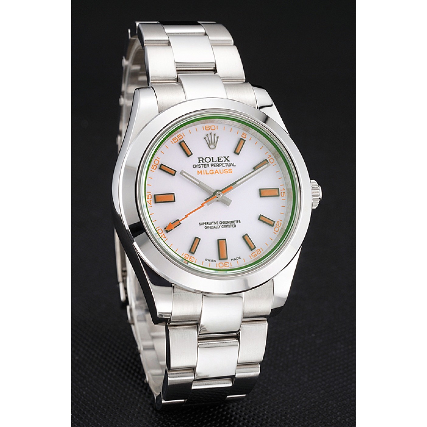 Swiss Rolex Milgauss White Dial Orange Markings Stainless Steel Case And Bracelet