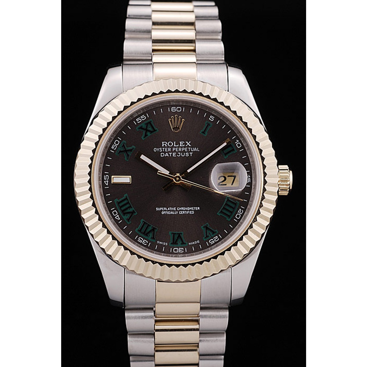 RepTime Watches Rolex DateJust Gold Ribbed Pattern Bezel Brown Dial