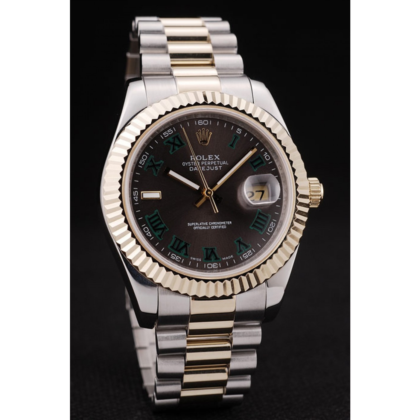 RepTime Watches Rolex DateJust Gold Ribbed Pattern Bezel Brown Dial