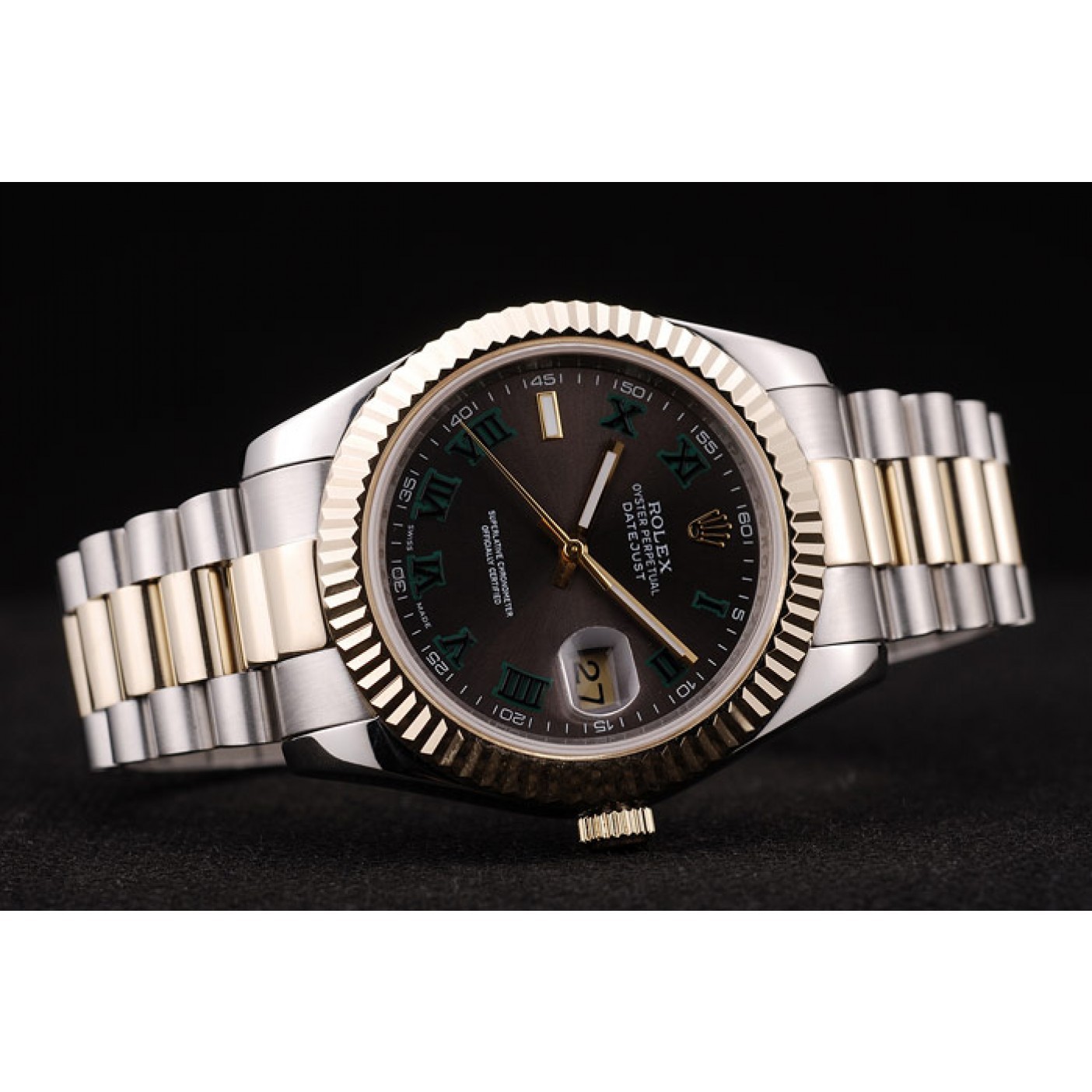 Rolex DateJust Gold Ribbed Pattern Bezel Brown Dial