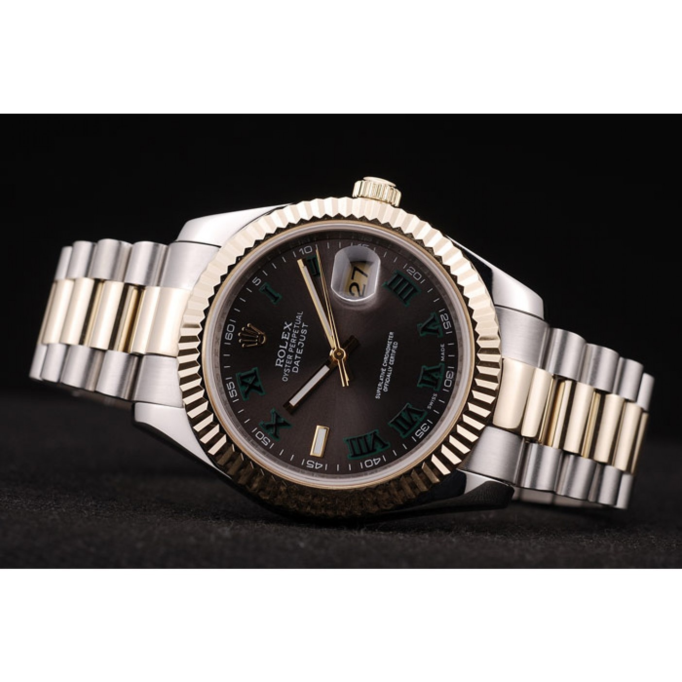 RepTime Watches Rolex DateJust Gold Ribbed Pattern Bezel Brown Dial