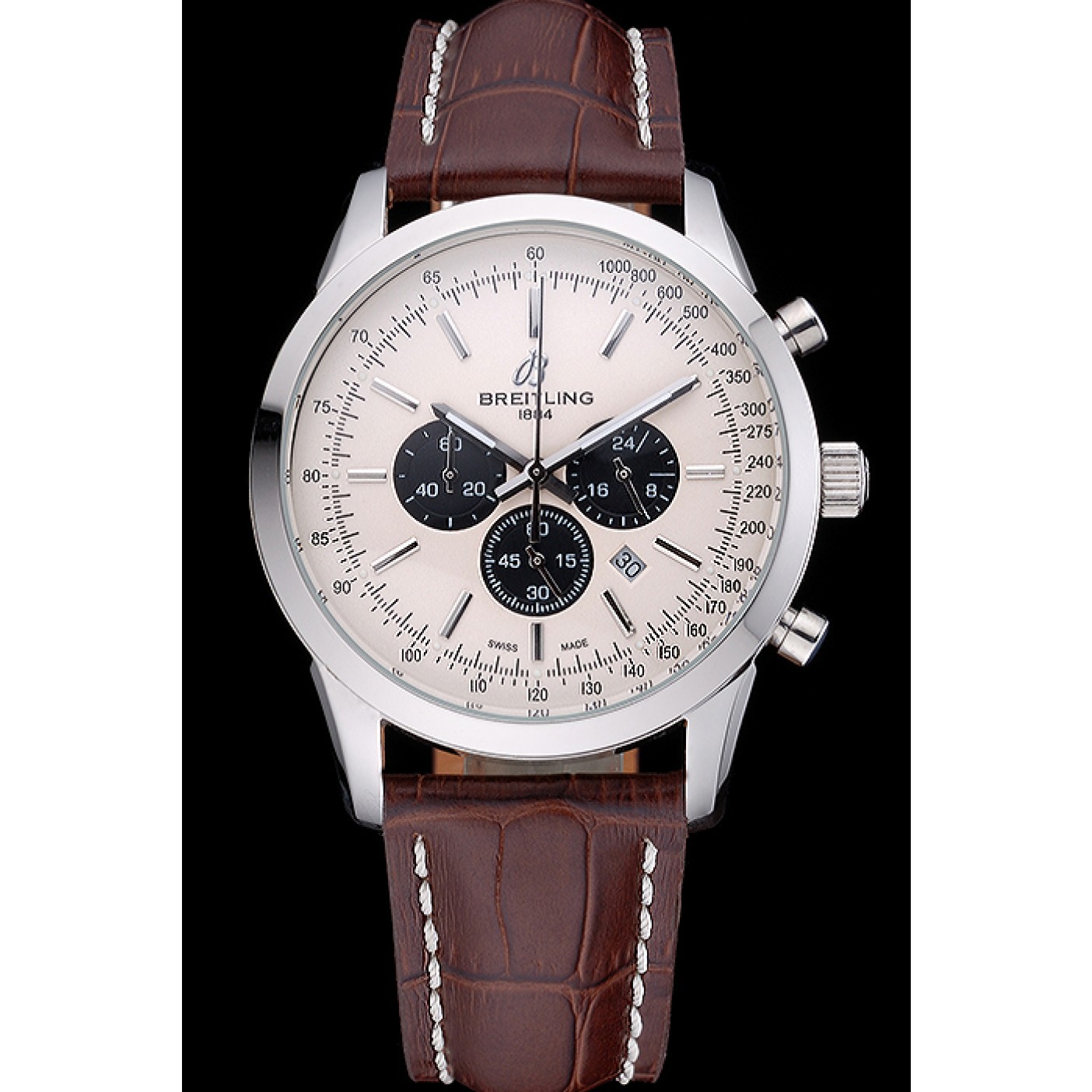 Breitling Transocean Chronograph White Dial Stainless Steel Case Brown Leather Bracelet 622243