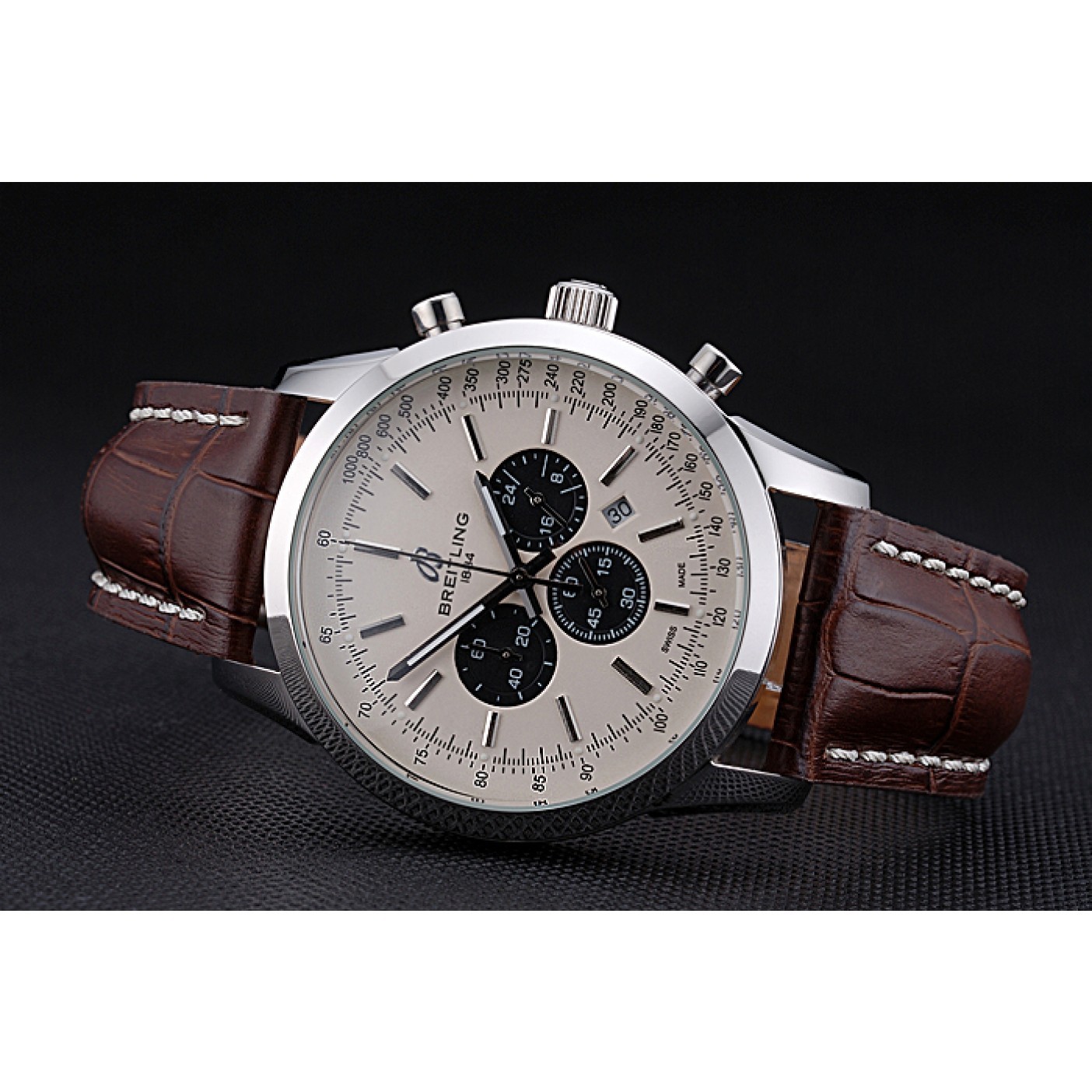 Breitling Transocean Chronograph White Dial Stainless Steel Case Brown Leather Bracelet 622243