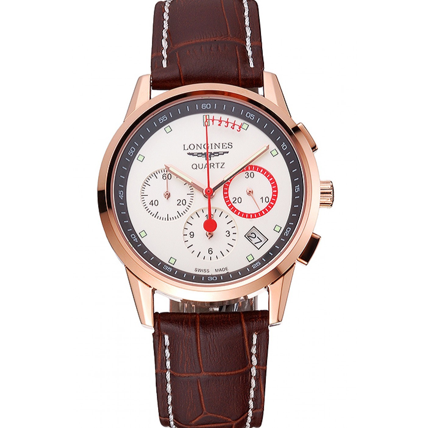 Longines Column Wheel White Dial Gold Case Brown Leather Strap