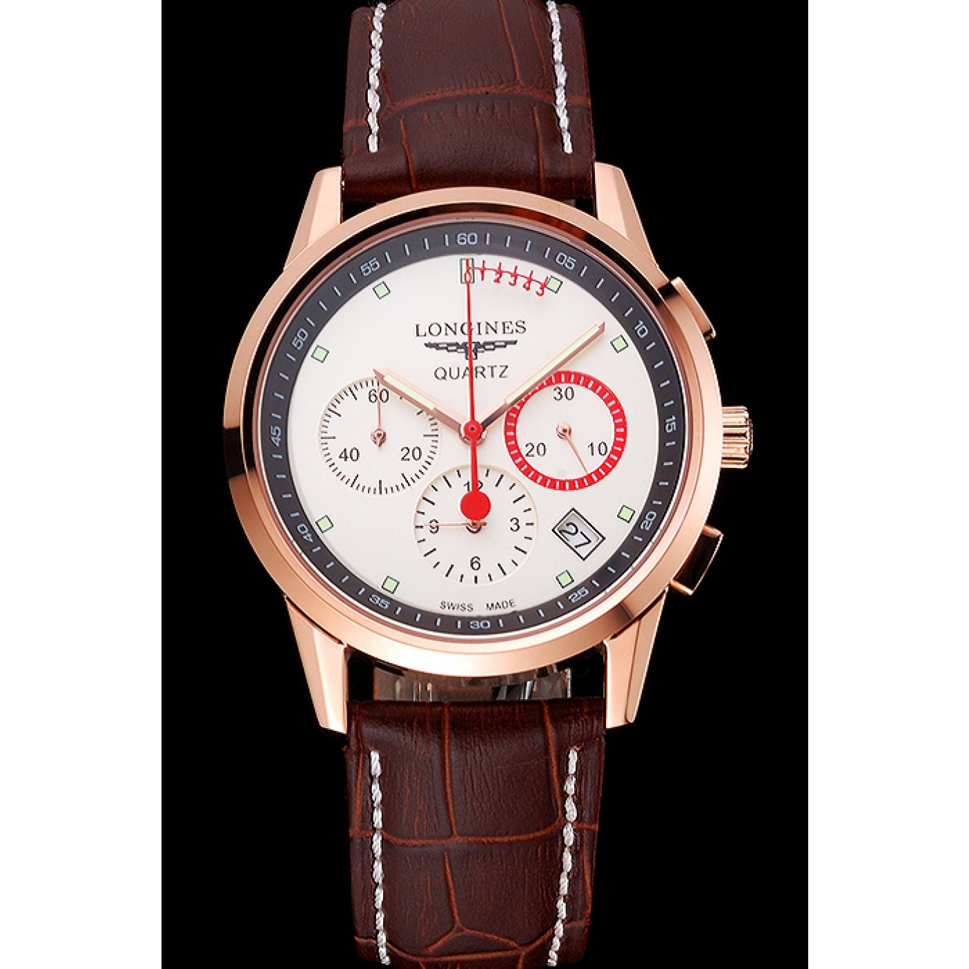 Longines Column Wheel White Dial Gold Case Brown Leather Strap