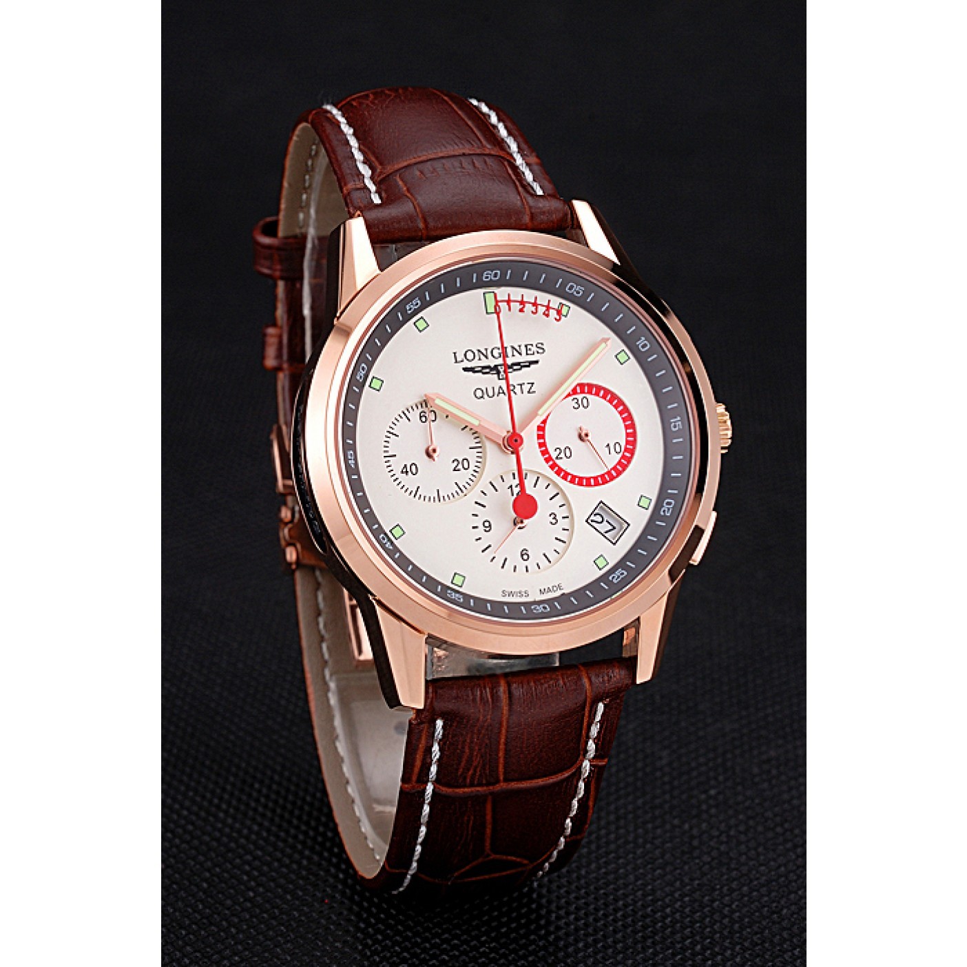 Longines Column Wheel White Dial Gold Case Brown Leather Strap