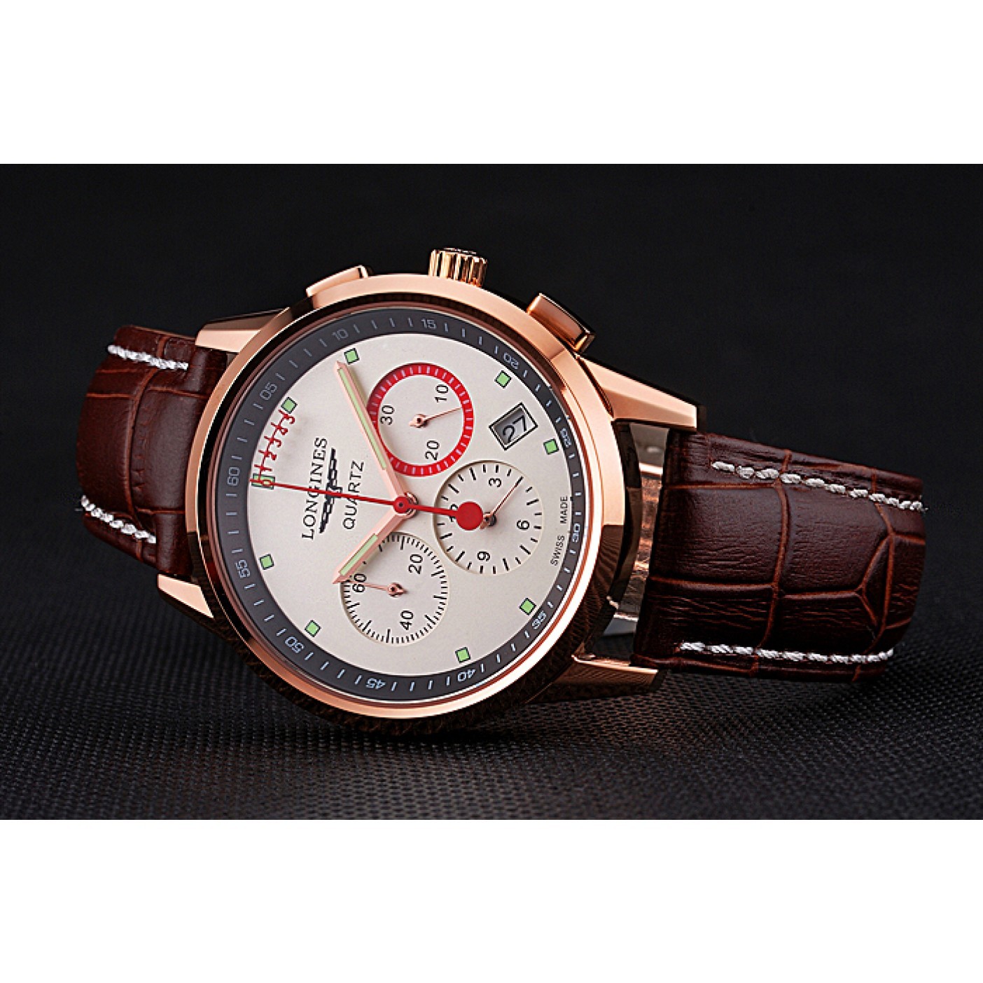 Longines Column Wheel White Dial Gold Case Brown Leather Strap