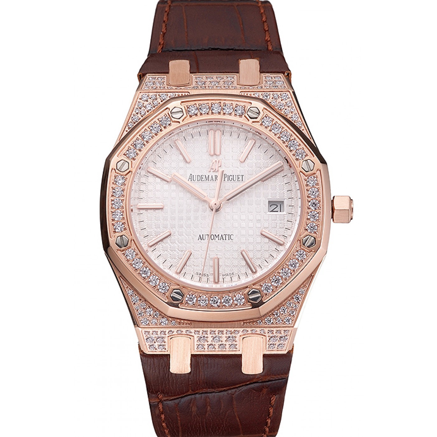 Swiss Audemars Piguet Royal Oak White Dial Gold Case With Diamonds Brown Leather Strap