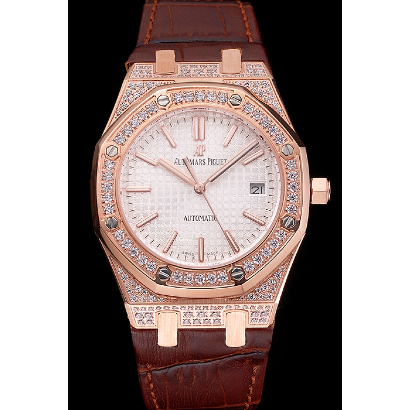 Swiss Audemars Piguet Royal Oak White Dial Gold Case With Diamonds Brown Leather Strap