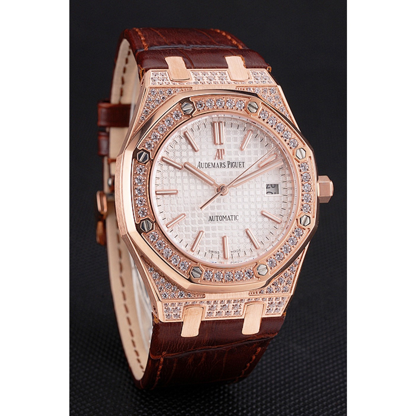 Swiss Audemars Piguet Royal Oak White Dial Gold Case With Diamonds Brown Leather Strap