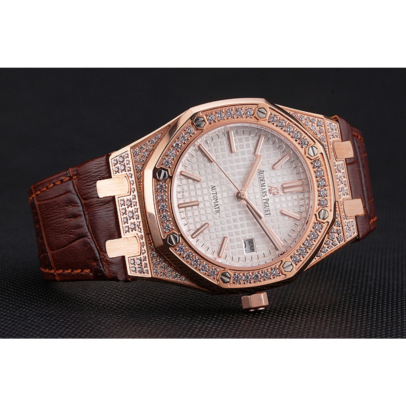 Swiss Audemars Piguet Royal Oak White Dial Gold Case With Diamonds Brown Leather Strap