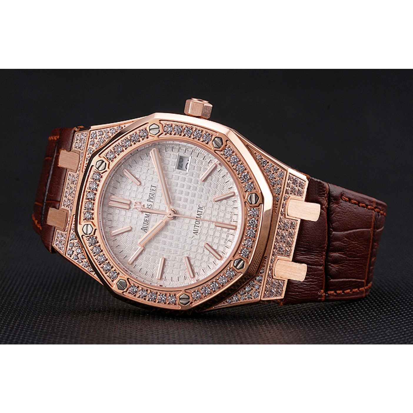 Swiss Audemars Piguet Royal Oak White Dial Gold Case With Diamonds Brown Leather Strap