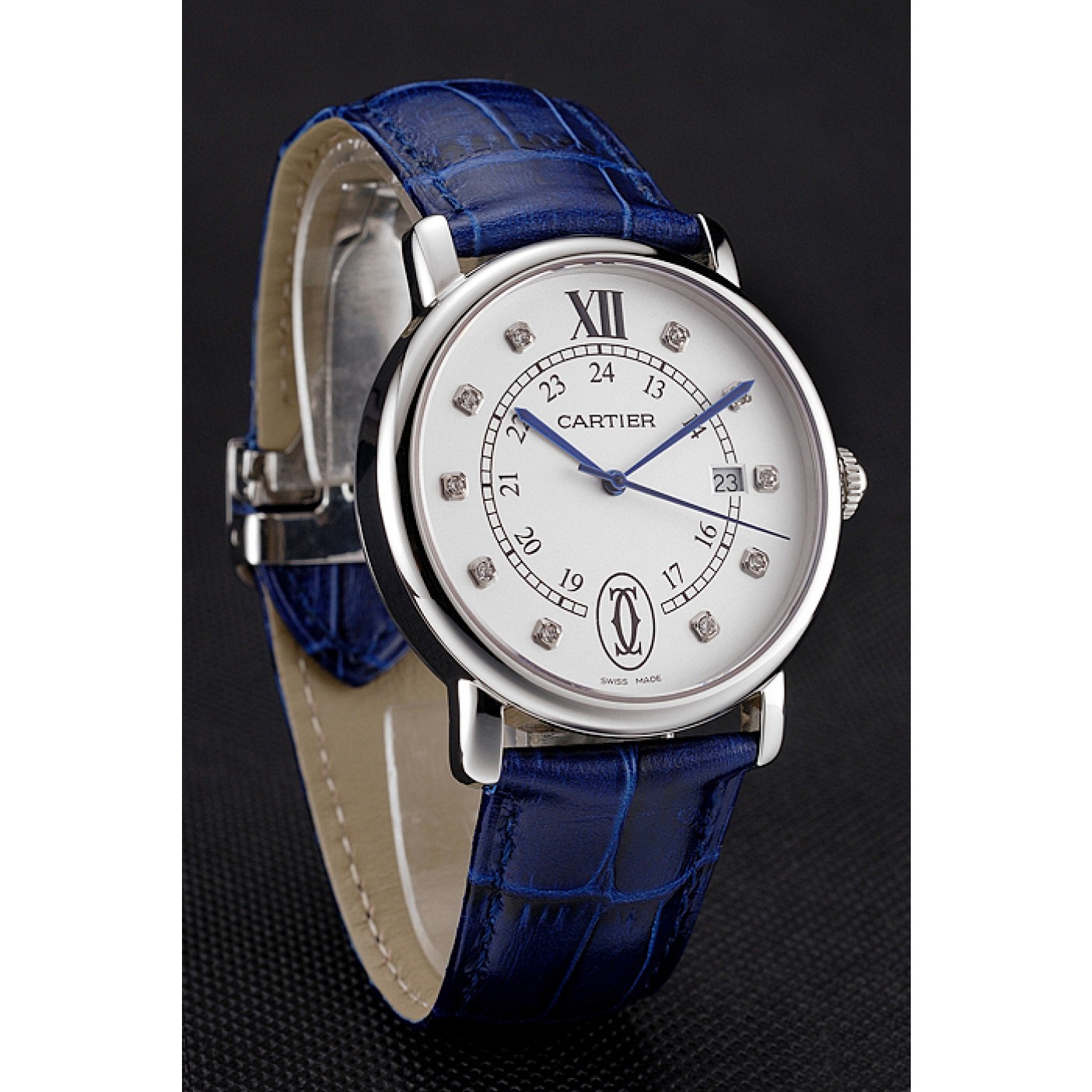 Cartier Ronde Solo White Dial Diamond Hour Marks Stainless Steel Case Blue Leather Strap