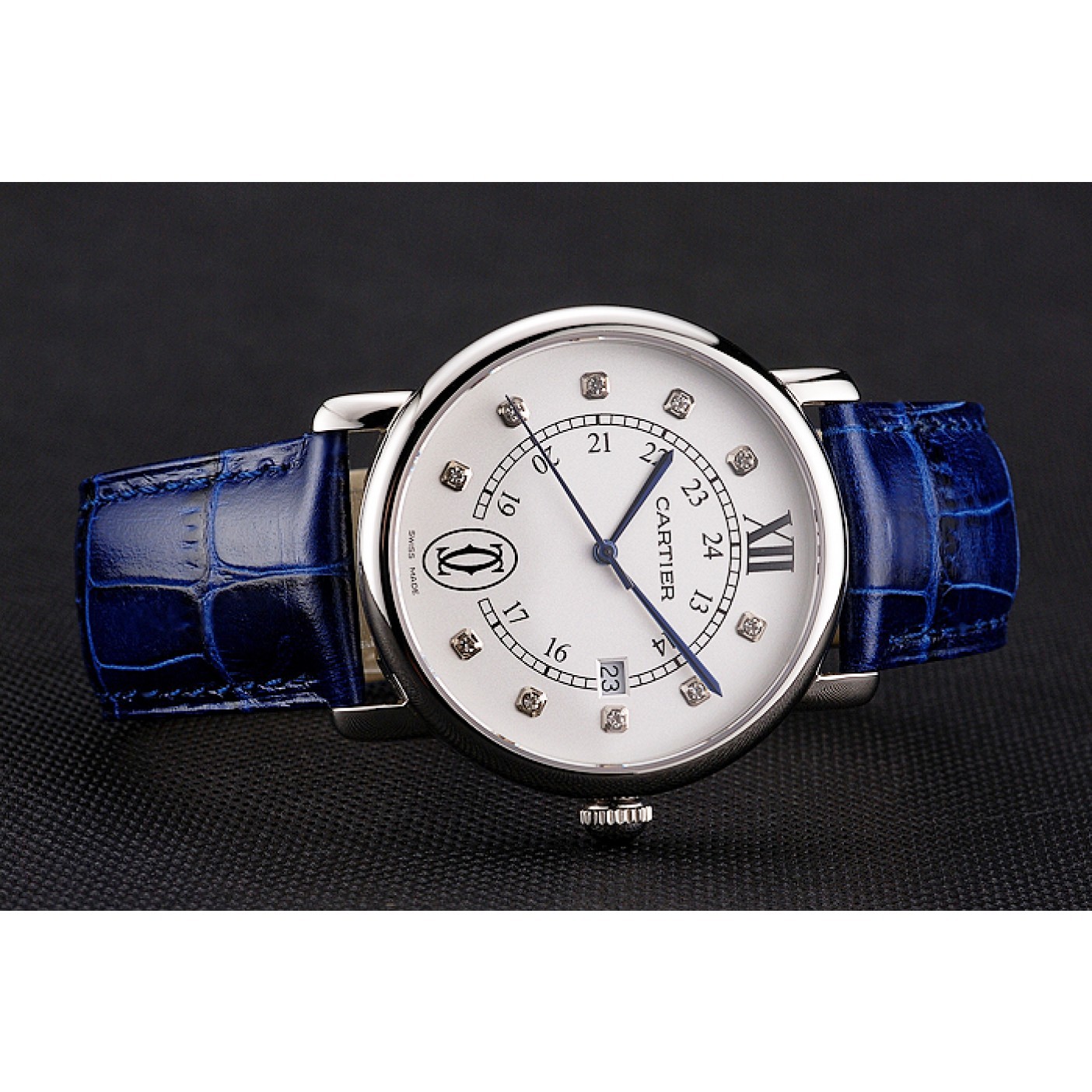 Cartier Ronde Solo White Dial Diamond Hour Marks Stainless Steel Case Blue Leather Strap